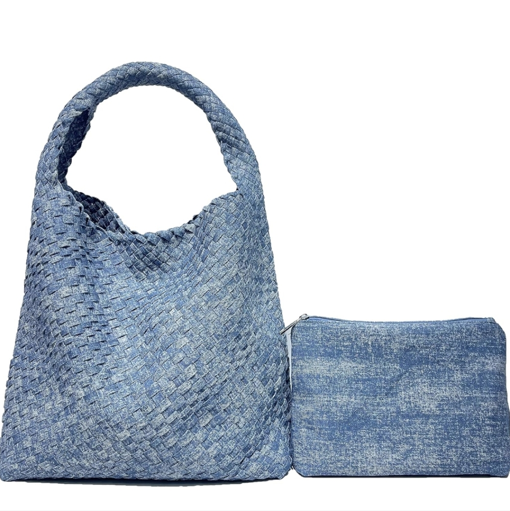 DENIM WOVEN SHOULDER BAG W DETACHABLE CROSSBODY STRAP AND POUCH